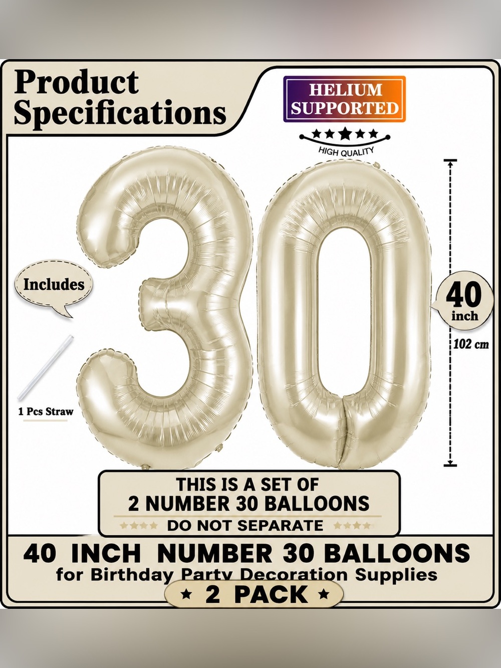 40” Beige Number 30 Balloon Set 2 Pack Foil Helium Birthday Party Decorations